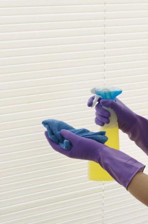 Paire de mains en gants de caoutchouc violet, nettoyage des stores avec un spray et un chiffon
