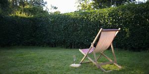 Une chaise longue simple avec un livre et du vin mousseux, dans un jardin de campagne.