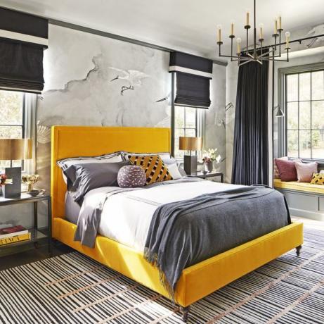 Chambre à coucher, meubles, lit, chambre, design d'intérieur, cadre de lit, jaune, drap de lit, propriété, sol, 