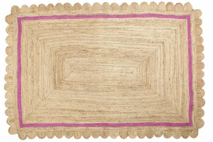 Tapis rectangulaire en jute festonné avec bordure rose