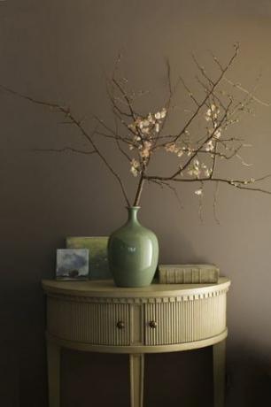 Table console dans le couloir avec murs peints en émulsion mate Weimaraner Af-155 de Benjamin Moore en Aura