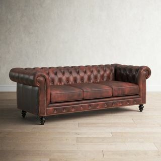 Canapé Chesterfield 87'' Eufaula à accoudoirs roulés en cuir véritable