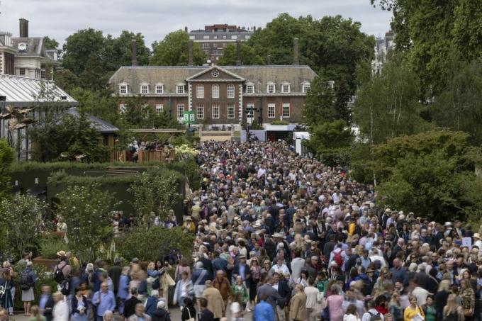 londres, angleterre 26 mai foules sur l'avenue principale au chelsea flower show le 26 mai 2022 à londres, angleterre le chelsea flower show revient à sa place habituelle dans le calendrier horticole après avoir été annulée en 2020 et reportée en 2021 en raison de la pandémie de covid cette année voit le montrent célébrer le jubilé de platine de la reine et aussi un thème de calme et de pleine conscience qui traverse les conceptions de jardin photo de dan kitwoodgetty images