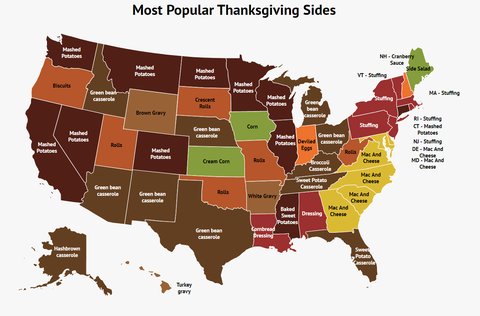 carte zippia des côtés de Thanksgiving les plus populaires