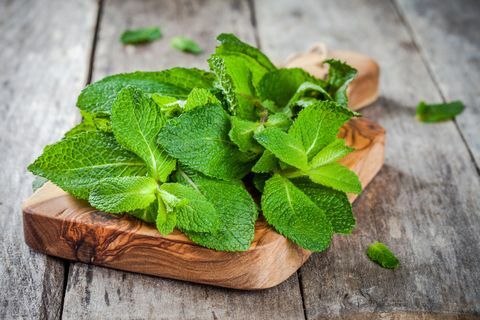 Bouquet de menthe fraîche bio sur planche à découper en bois