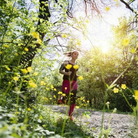 Femme, jogging, par, forêt