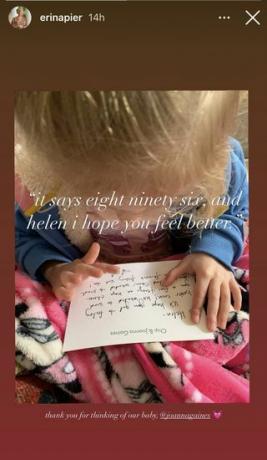 Capture d'écran de l'histoire Instagram d'Erin Napier sur sa fille Helen Reading Note