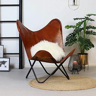 Chaise Papillon Vintage en Cuir Marron