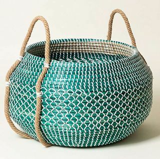 Panier de rangement rond bleu marine en jonc de mer